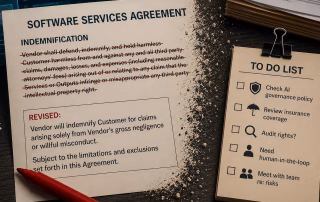 Image of AI contract indemnification language narrowing, next to a to-do list
