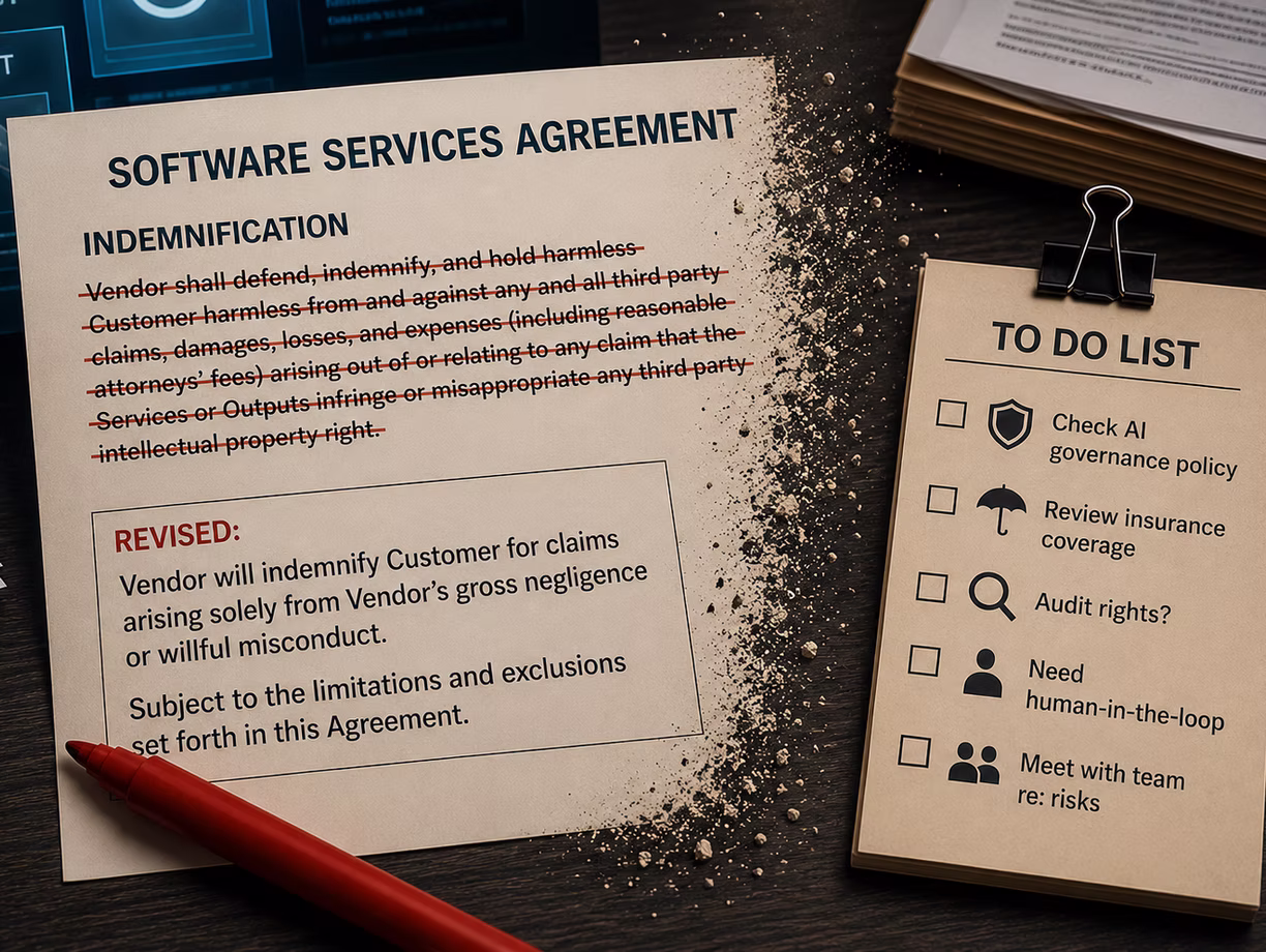 Image of AI contract indemnification language narrowing, next to a to-do list