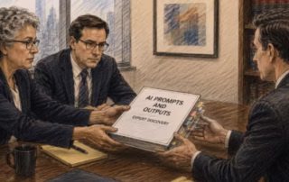 Image of people reviewing AI expert report, in the style of a courtroom sketch